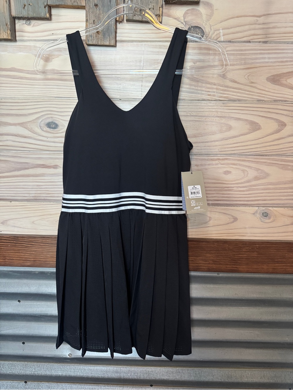 Avia Black Sleeveless Pleated Tennis Dress with White Waist Stripes